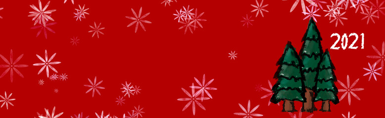 Happy new year concept illustration banner. 2021 Year poster template with red background, christmas trees and text with snowflakes. Festive header design. Merry Christmas flyer template design. 