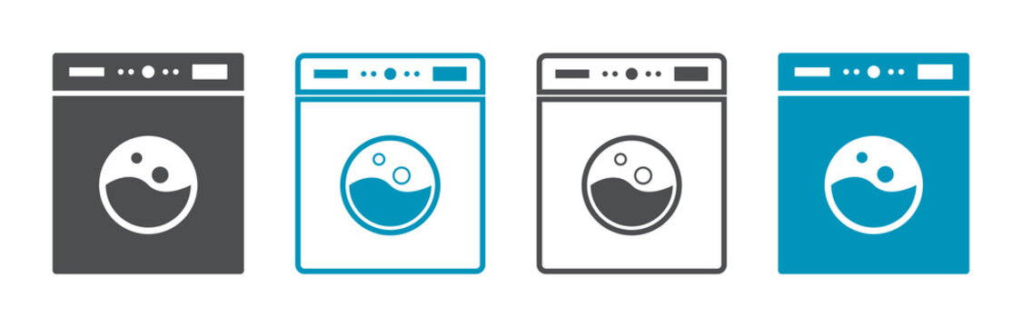 Icon of laundry machine. Logo of wash service. Symbol of washing, clean, dryer. Laundromat of clothes. Full drum and whirlpool of clothing in laundry machine. Outline sign for label, signage. Vector