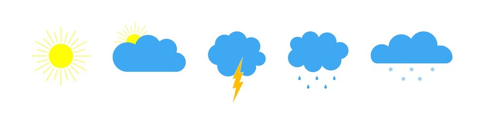 Weather icons. Forecast of weather. Symbosl of meteo forecast. Set of signs of cloud, sun, rain, cold and snow for climate. Meteorology icons graphic for app and web. Design of color logos. Vector