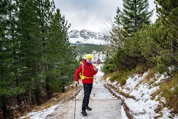 Fototapeta premium Hiker in a red down jacket, yellow hat and yellow backpack stands on a mountain trail with Nordic walking poles.