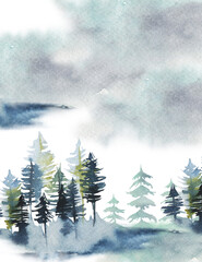 Watercolor landscape with foggy coniferous forest, card or poster template
