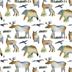 Collection of watercolor silhouettes of forest animals (bear, owl, fox, wolf, deer, hare, birds, hedgehog, squirrel, elk), hand drawn isolated illustration on white background