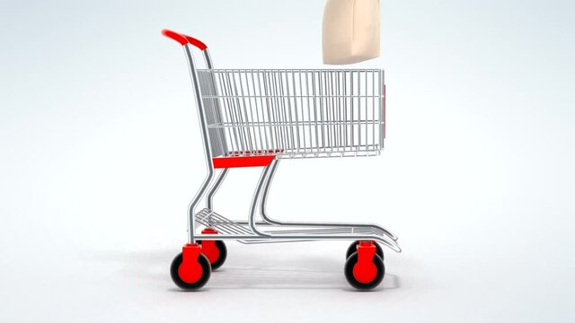 Shopping cart rom supermarket filling by products and food falling down into the basket. Online shopping concept 3d rendered animation.