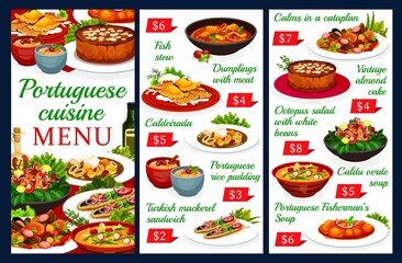 Portuguese vector menu template dumplings with meat, caldeirada and rice pudding. Turkish mackerel sandwich, vintage almond cake. Octopus salad with white beans, caldy verde soup Portugal food dishes