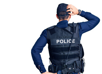 Young handsome man wearing police uniform backwards thinking about doubt with hand on head