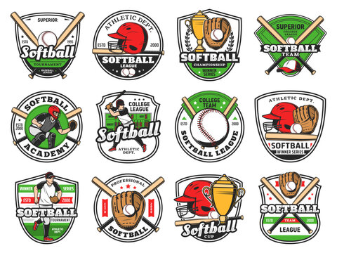 Softball or baseball club emblem with bat and ball, vector, champion team and sport league patch. Baseball or softball championship cup, college and varsity game tournament, batter glove and helmet
