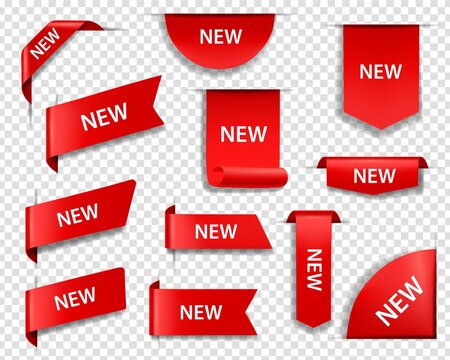 New product red labels, price tags and web page ribbon banners or bookmarks 3d realistic vectors set. Web banner corner decoration, shopping sale labels, discount promotion stickers templates