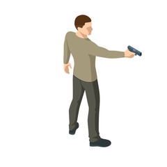 Isometric man with a gun in his hand iolated on white. Male policeman, spy or criminal holding. Back view