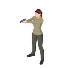 Isometric woman with a gun in his hand iolated on white. Male policeman, spy or criminal holding. Front view