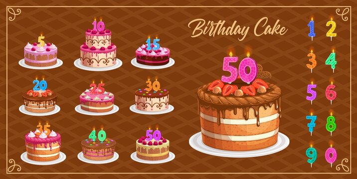 Candles on birthday cakes with age numbers from one to ten isolated vector icons. Happy birthday, party celebration. Cupcakes and colorful candle digits with fire light, anniversary candlelights set