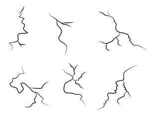 hand drawn cracked wall, ground, glass, egg. doodle break set. vector illustration