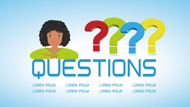 Banner with relaxed woman welcomes to ask questions. Vector illustration. EPS10. Dimension 16:9. Concept with people with different orgins and ages.