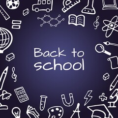 Fototapeta na wymiar Hand drawn design set. Back to school. School board. Doodle style vector illustration isolated on blue background.