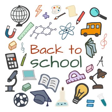 Hand drawn creative design set. Back to school. Doodle style vector illustration for graphic and web design