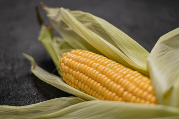 primer plano macro de choclo maiz amarillo con chala mazorca fresca sobre base gris oscuro negro brillante cordoba argentina