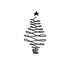 Christmas fir tree mono line curl spiral origami logo star on white background. Black sign pine hand drawn winter New year symbol vector illustration. Decoration brush doodle holiday greeting card.