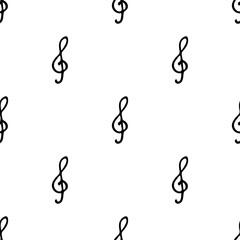 Seamless pattern with hand drawn treble clef. Doodle style vector illustration isolated on white background. For interior design, wallpaper, packaging, posters, cards.