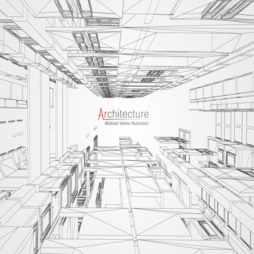 Architecture line background. Building construction sketch vector abstract. Modern city 3d project. Technology geometric grid. Wire blueprint house. Digital architect innovation wireframe. © RDVector