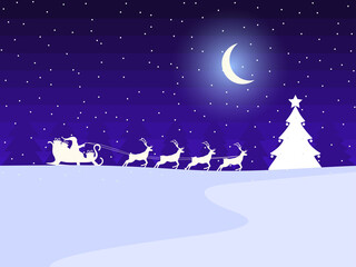 Naklejka premium Santa Claus in a sleigh with reindeer and winter landscape with fir trees and falling snow. Winter festive evening, Christmas Eve. Greeting card in a modern design style. Vector illustration