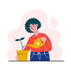 Young woman watering houseplant. Caring for indoor plants. Flat vector illustration.