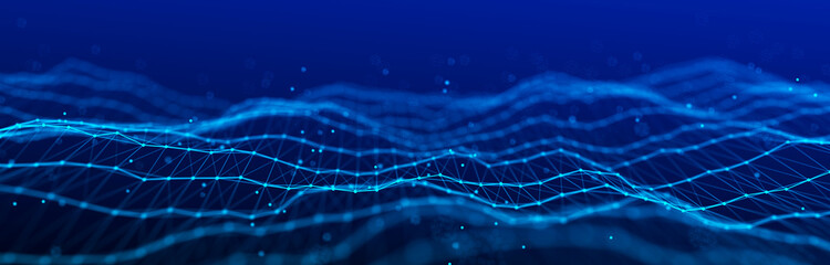 Wave 3d. Wave of particles. Abstract Blue Geometric Background. Big data visualization. Data technology abstract futuristic illustration. 3d rendering.