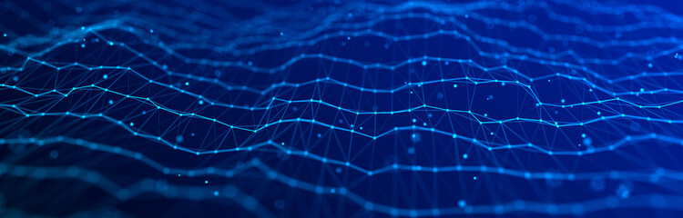 Wave 3d. Wave of particles. Abstract Blue Geometric Background. Big data visualization. Data technology abstract futuristic illustration. 3d rendering.
