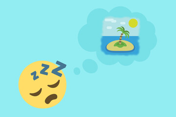 sleeping face emoji and thought bubble with island icon on light blue background,dreaming concept vector illustration