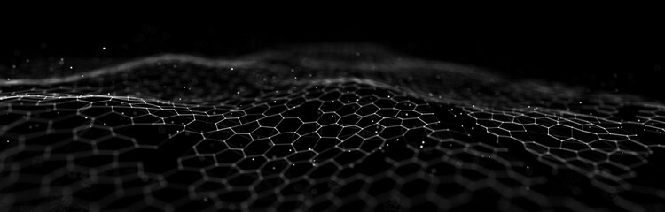 Fototapety  Futuristic black hexagon background. Futuristic honeycomb concept. Wave of particles. 3D rendering.