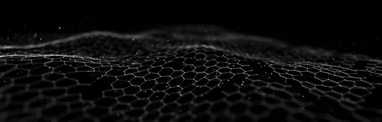 Foto op Plexiglas Futuristic black hexagon background. Futuristic honeycomb concept. Wave of particles. 3D rendering. © Vadym