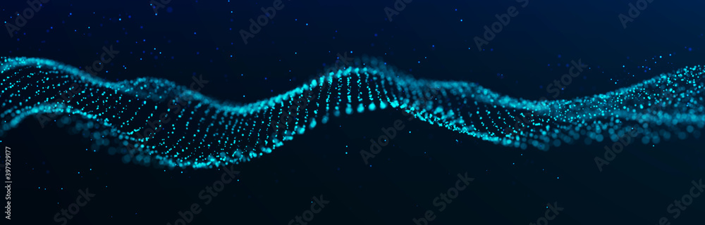 Poster wave 3d. wave of particles. abstract blue geometric background. big data visualization. data technol