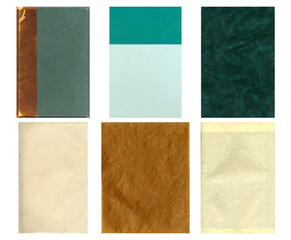 Paper and textile textures set. Blank retro pages and old book covers. Rough faded canvas surface. Perfect for background and vintage style design. Empty place for text.