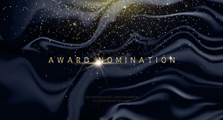 Award nomination ceremony luxury background with golden glitter sparkles and black waves . Vector presentation shiny poster. Film or music festival design poster template.