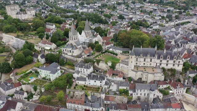Flight over the city Loches and the Royal castle Loches on summer day. France
