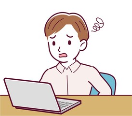A man in a pink shirt using a computer