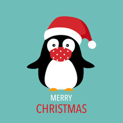 Penguin wearing red medical face mask and in flat design. Merry Christmas festival celebration in Covid-19 Coronavirus outbreak concept vector. Season greetings.	