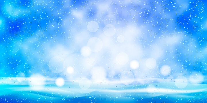 Winter blue background, blizzard. Vector illustration, bokeh effect