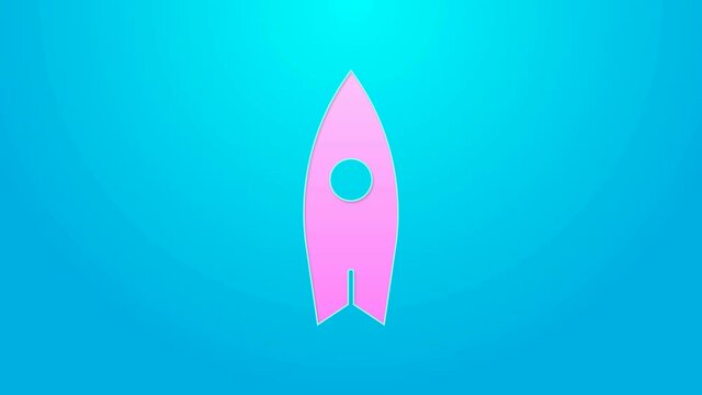 Pink line Surfboard icon isolated on blue background. Surfing board. Extreme sport. Sport equipment. 4K Video motion graphic animation