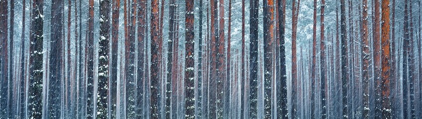 Pine trees covered with hoarfrost in the dark forest after a blizzard. Natural texture, background. Winter wonderland. Christmas, ecotourism, seasons, nature, landscape. Picturesque panoramic view