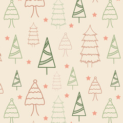 Christmas tree floral seamless banner greeting card endless background. Beige fir trees pine star doodle line. New Year Noel vintage decorative template shopping print textile fabric wrapping paper 