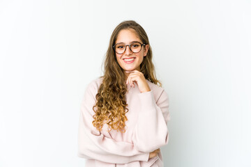 Young caucasian woman smiling happy and confident, touching chin with hand.