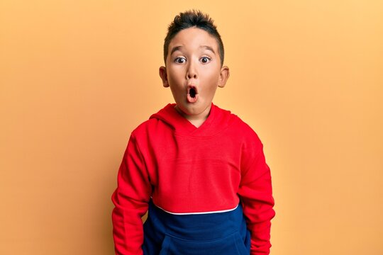 Little boy hispanic kid wearing casual sweatshirt scared and amazed with open mouth for surprise, disbelief face