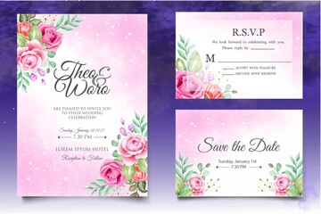 Watercolor wedding invitation floral and leaves card template