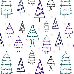 Christmas floral elements ornaments seamless banner greeting card background. Green violet fir tree pine star doodle line New Year vintage decorative template shopping print textile fabric wrapping 