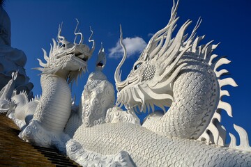 Holy guardian of white serpent at Buddhist temple in Chiang Rai, Thailand - obrazy, fototapety, plakaty
