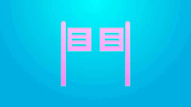 Pink line Old western swinging saloon door icon isolated on blue background. 4K Video motion graphic animation