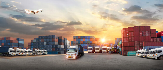 Container truck in ship port for business Logistics and transportation of Container Cargo ship and...
