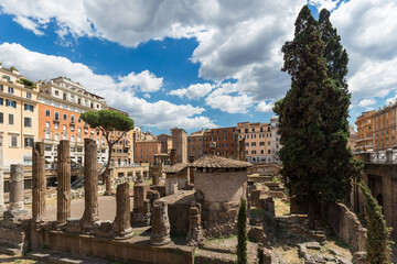 Largo di Torre Argentina, a square in Rome, Italy, with four Roman Republican temples and the remains of Pompey's Theatre.