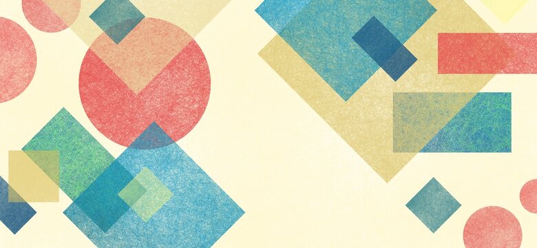 Abstract modern background in blue green red and yellow beige colors and contemporary diamond rectangle square and block shapes layered in random geometric art pattern with fine texture