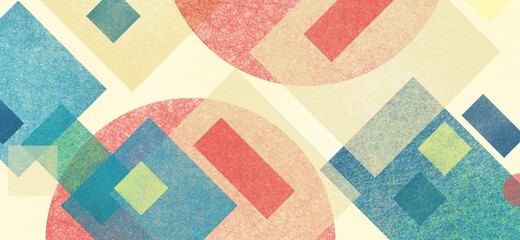 Abstract modern background in blue green red and yellow beige colors and contemporary diamond rectangle square and block shapes layered in random geometric art pattern with fine texture