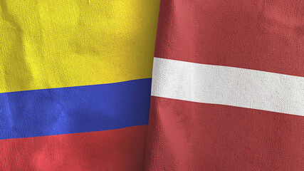 Latvia and Colombia two flags textile cloth 3D rendering